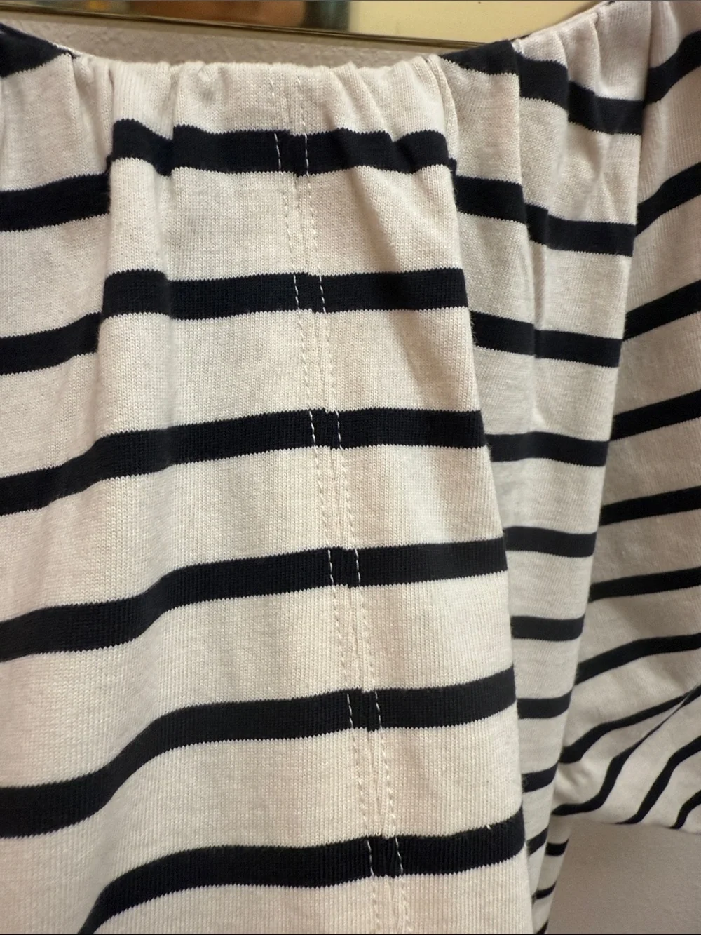 J. Crew Black and White Striped Off-Shoulder Puff Sleeve Top